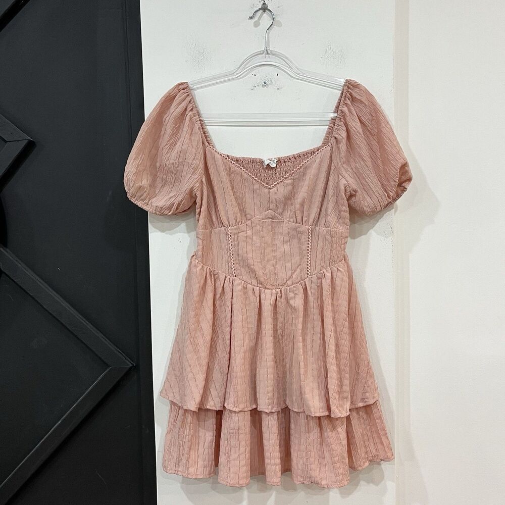 All In Favor Blush Babydoll Puff Sleeve Smocked Dress Medium Coquette Fairy